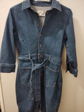 Loft Indigo Denim Shirt Dress Jacket with Waist Tie
